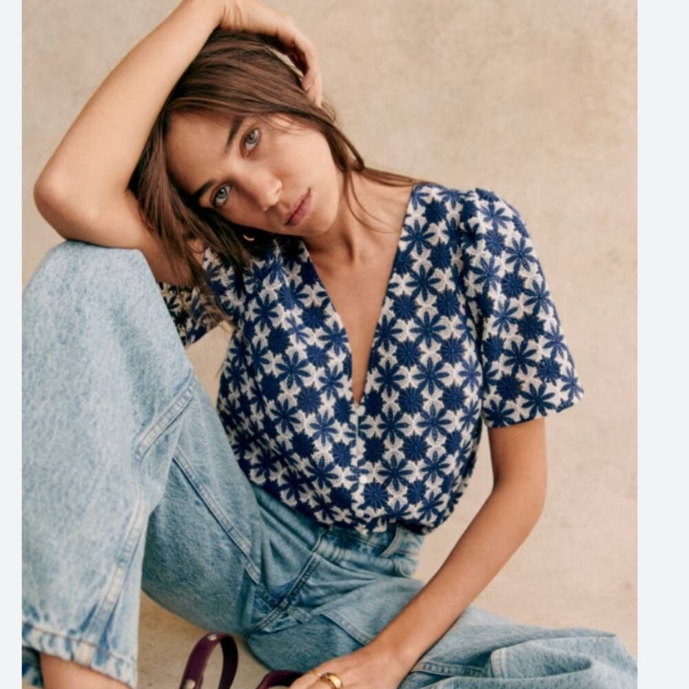 Sezane Blue and White Floral Blouse